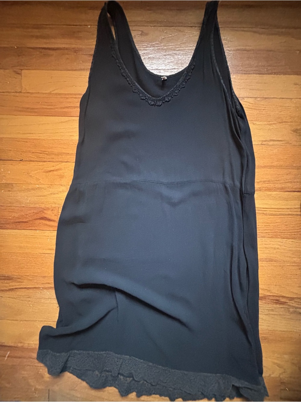 Sleeveless Black Midi Slip Dress with Lace Trim